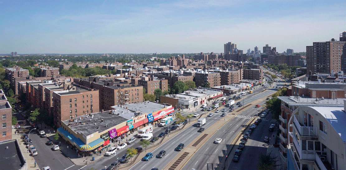 Queens Boulevard, aerial view Before & After. @ 2014 Massengale & Co LLC and UrbanAdvantage, for Transportation Alternatives.
